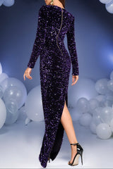 Long Sleeve Split Hem Sequin Maxi Dress in Purple