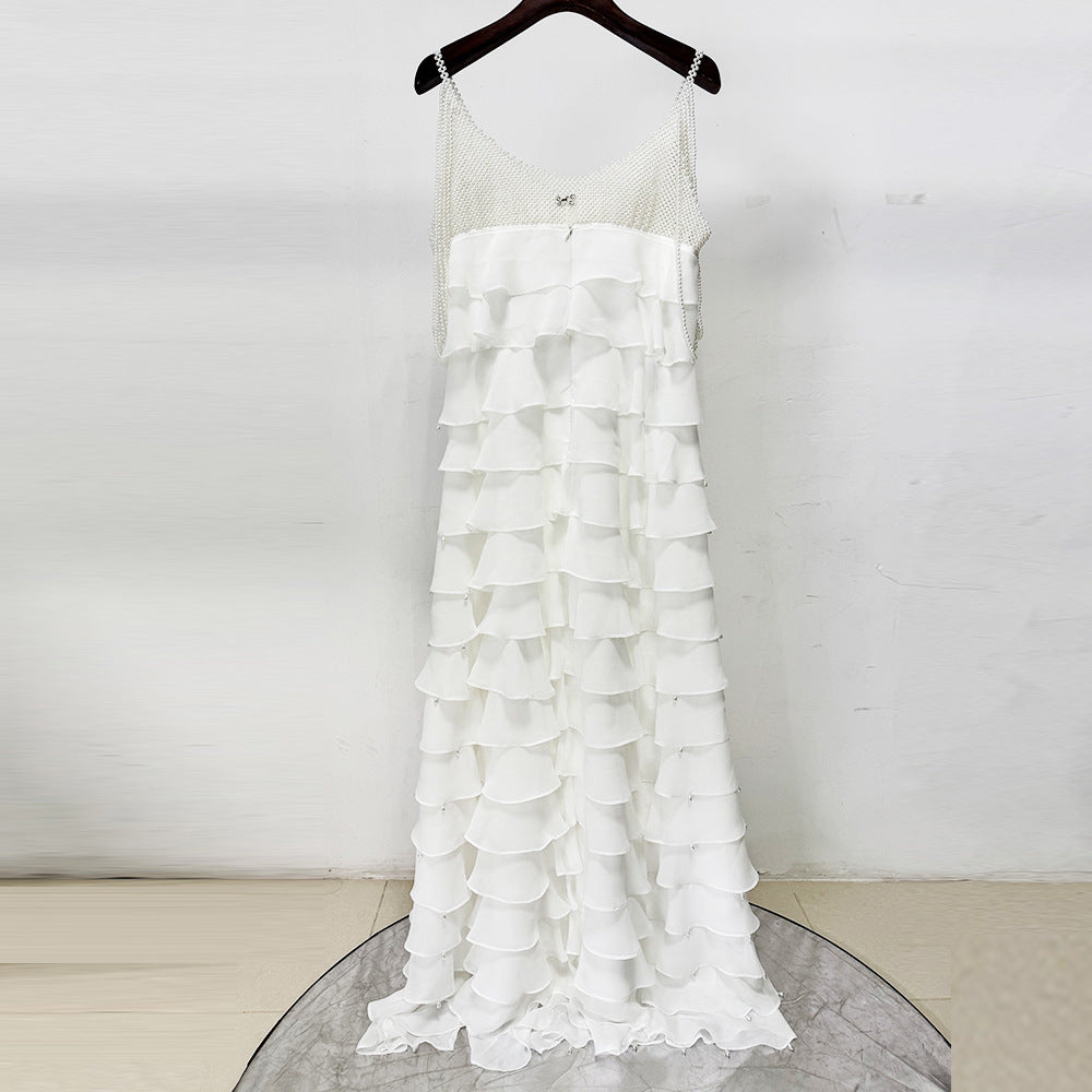 White Nail Bead Layered Leaf Maxi Dress