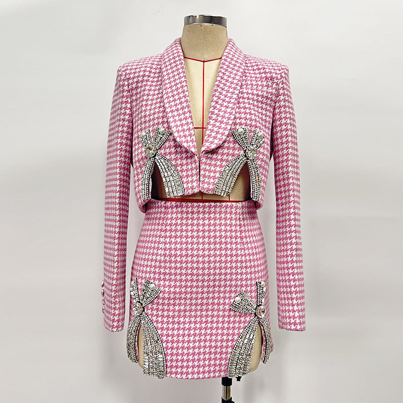 Embellished Checked Wool-Blend Blazer Set in Pink
