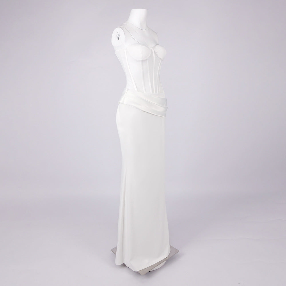 Veiled Corset Maxi Dress in White
