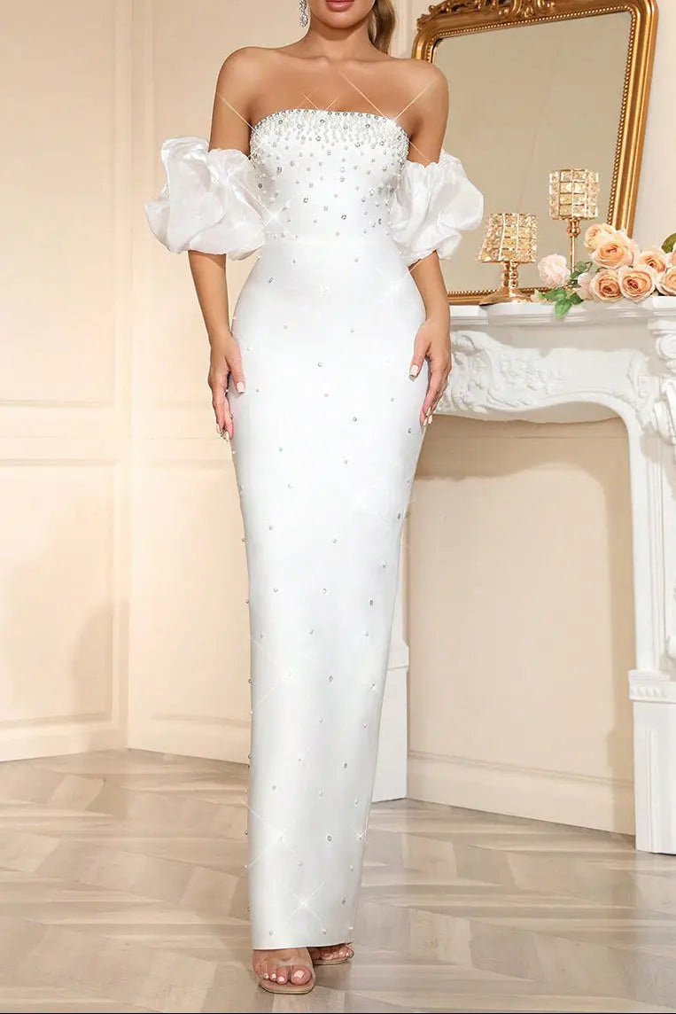Rhinestone Beading Maxi Dress In White
