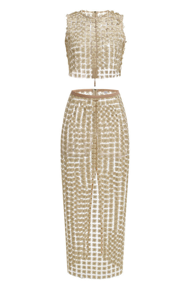 Sheer Plaid Maxi Skirt Two Piece of Set