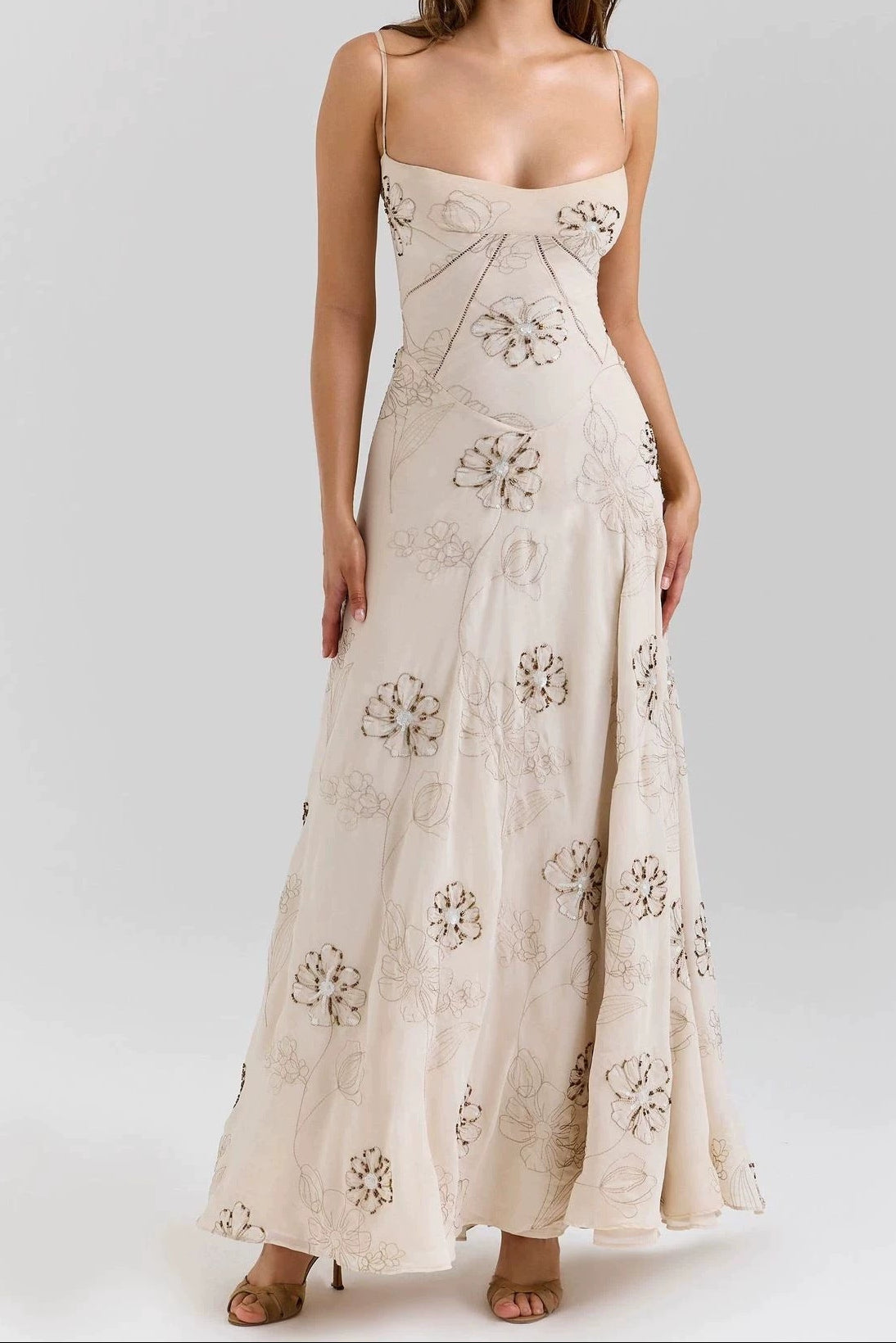 Beige Floral Strap Maxi Dress
