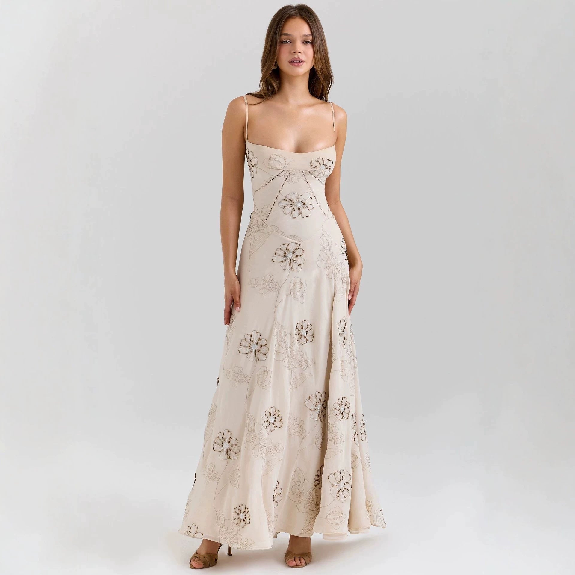 Vintage Embroidered Hollow Slip Maxi Dress - White