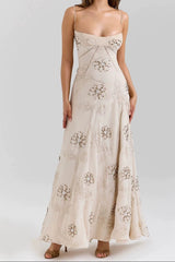 Beige Floral Strap Maxi Dress