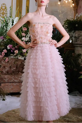 Pink Princess Ruffle Midi Floral Embroidery Dress