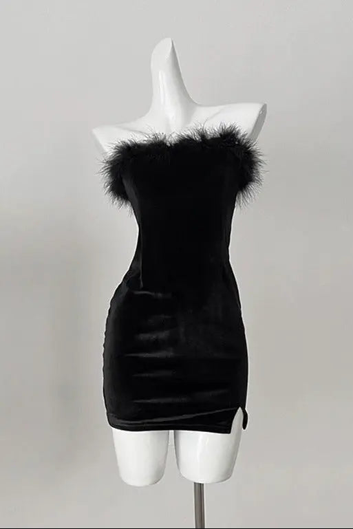 Feather Mini Dress in Black