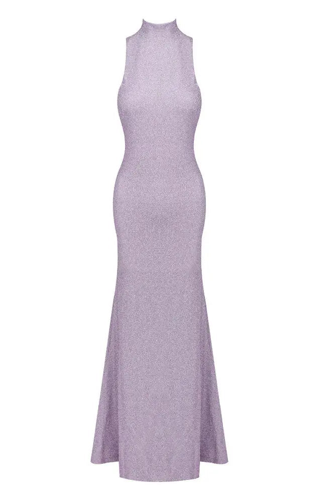 Sleeveless Back Flower Embellished Halter Maxi Dress in Purple