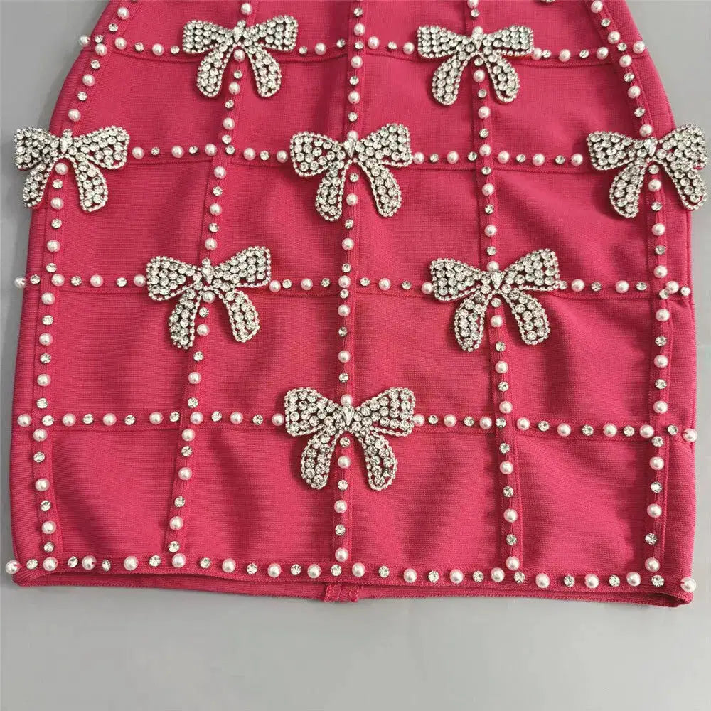 Bowknot Crystal Grid Bandage Mini Dress in Rose Red