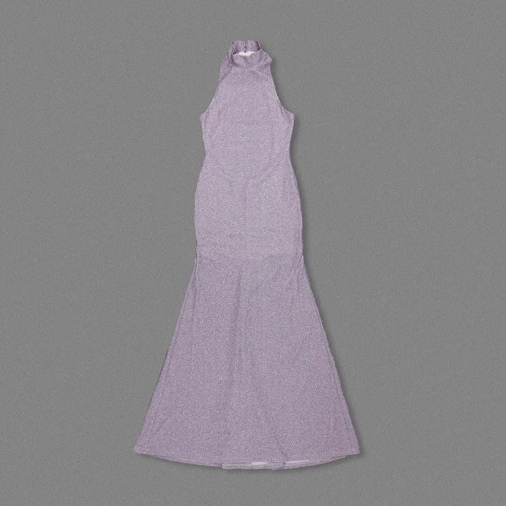 Sleeveless Back Flower Embellished Halter Maxi Dress in Purple