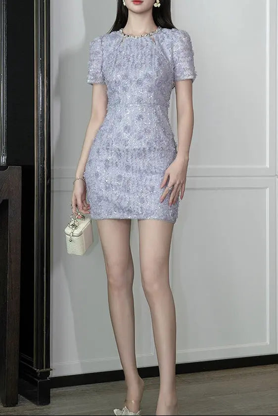 Rhinestone Flower Embroidery Bodycon Mini Dress in Purple