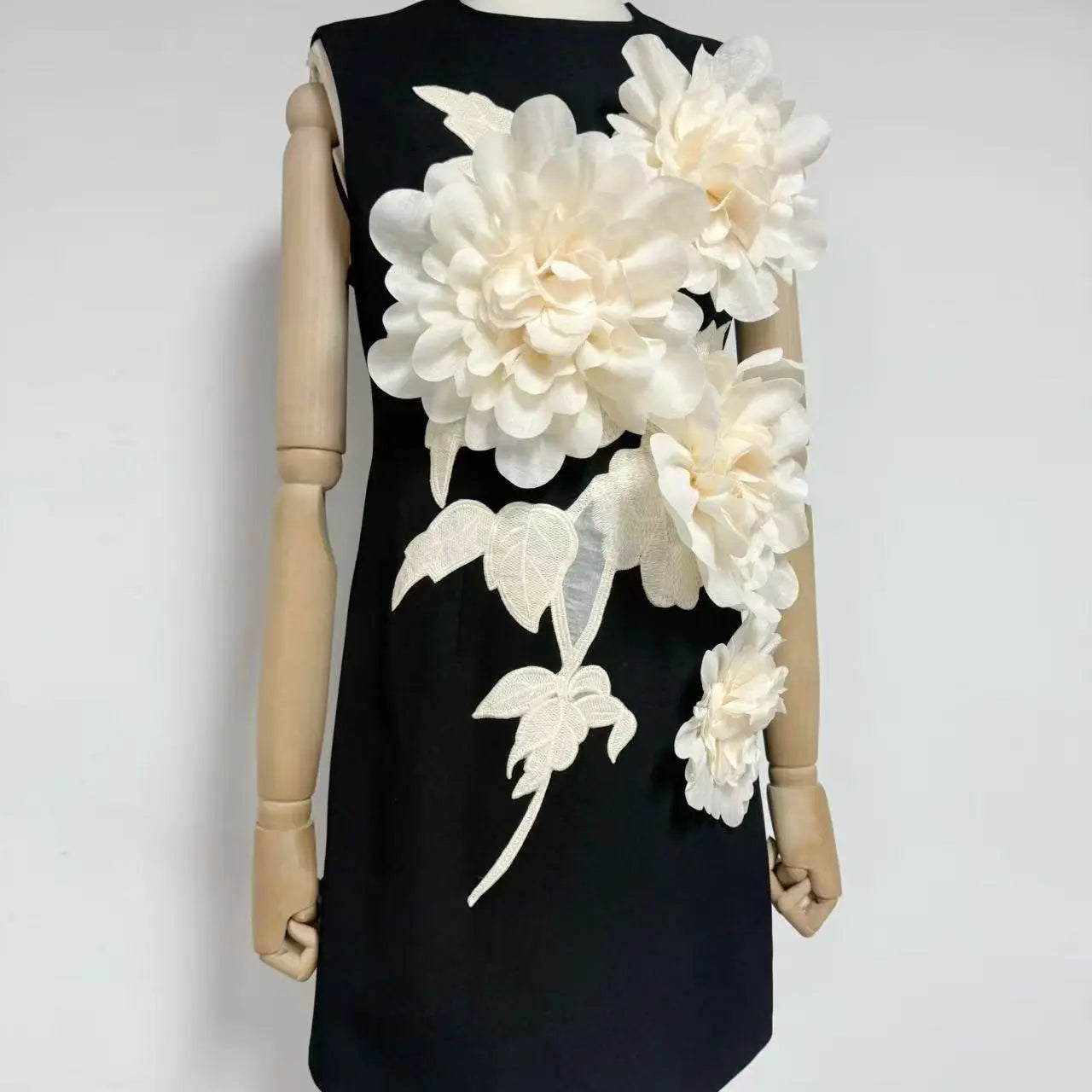 3D Flower Embellished Mini Dress in Black
