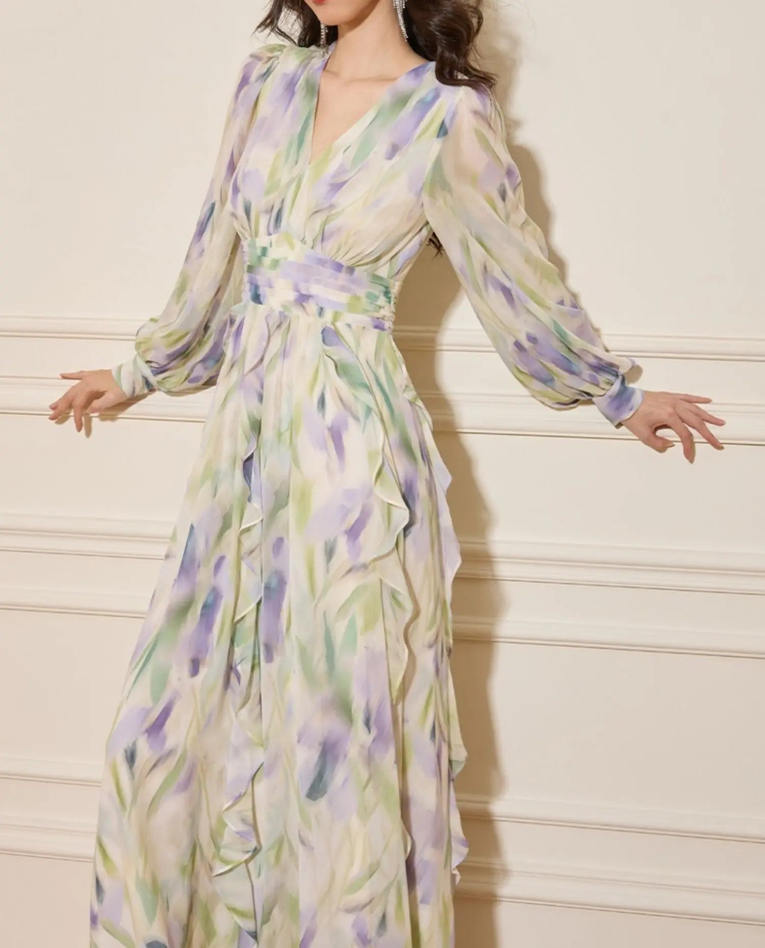 V-Neck Floral Print Lantern Sleeve Maxi Dress