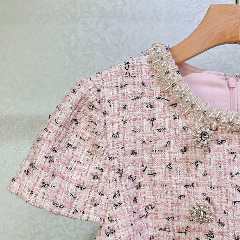 Embellished Boucle Mini Dress in Pink