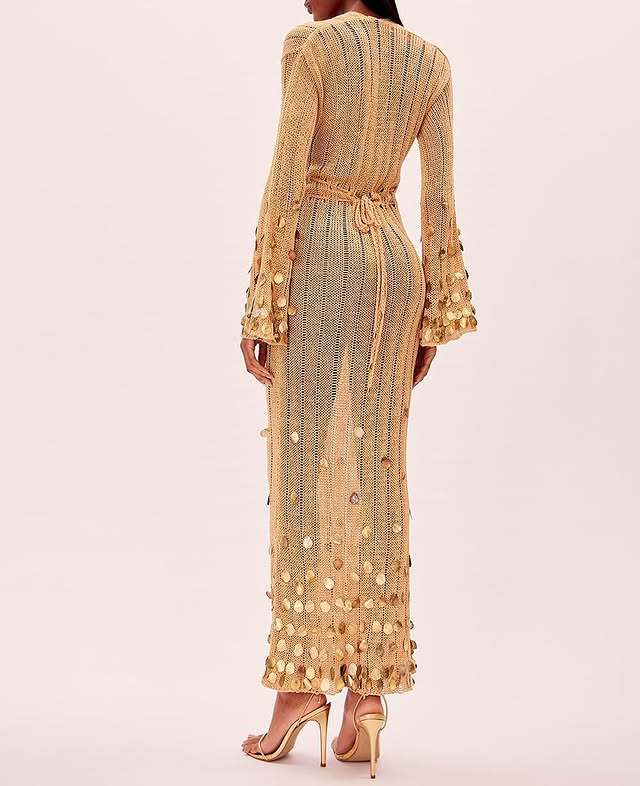Golden Aura V-Neck Knitted Maxi Dress