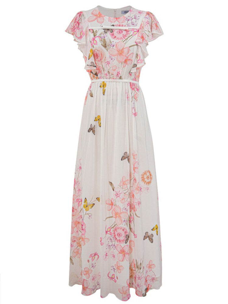 White Floral FlSleeves Maxi Dress