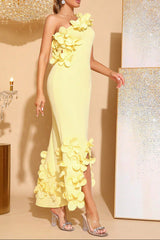 3D Flower One-Shoulder Bodycon Maxi Dress in Yellow