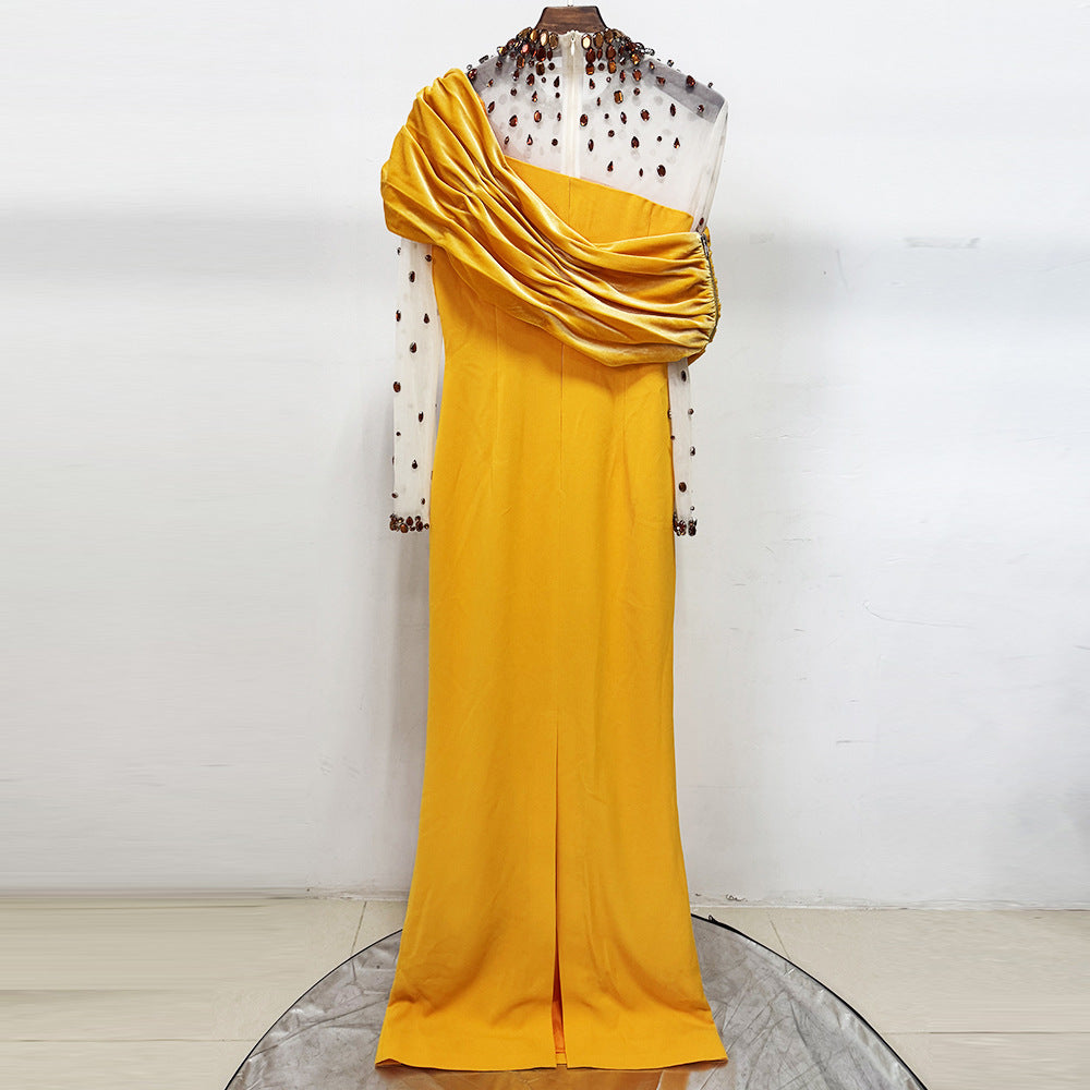 Mesh-Paneled Rhinestone-Embellished Maxi Dress - Yellow