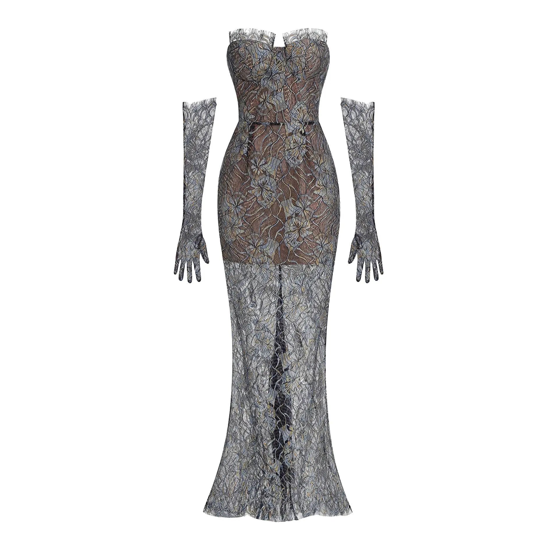 Blue Embroidered Lace Maxi Dress with Gloves
