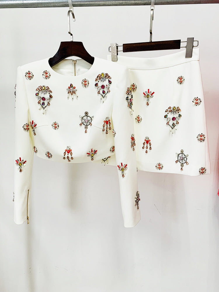 White Rhinestone Embellished Skirt Set