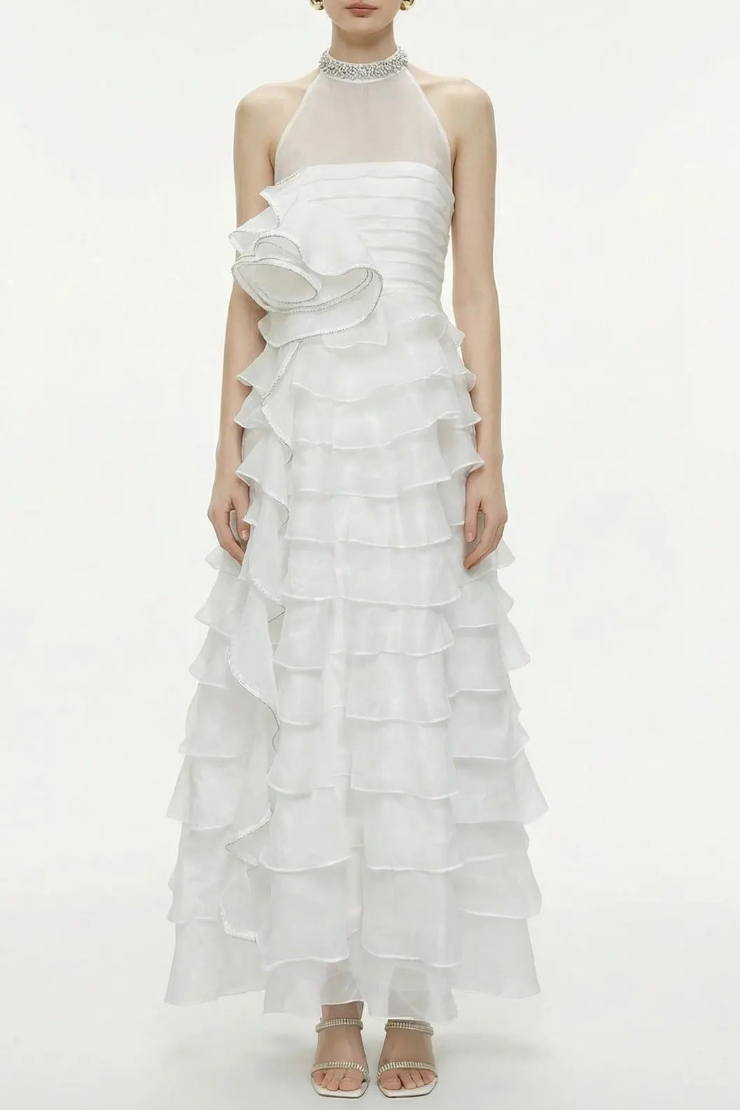 White 3D Ruffled Rhinestone Embellished Maxi Dress