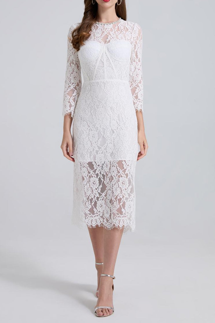 Rhinestone Fishbone Lace Midi Dress in White