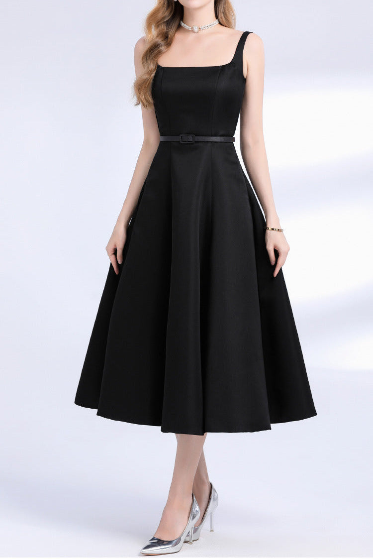 Square Neck Satin Slip Midi Dress - Black