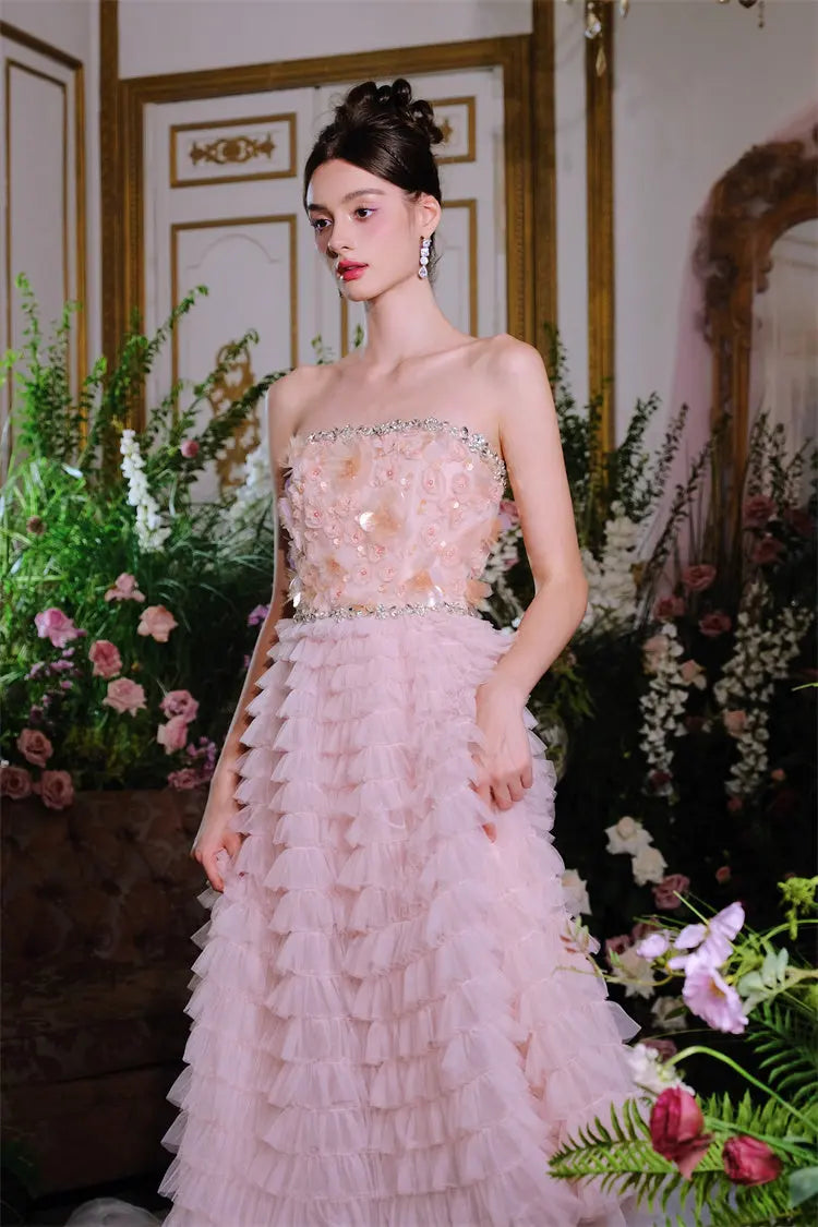 Pink Princess Ruffle Midi Floral Embroidery Dress