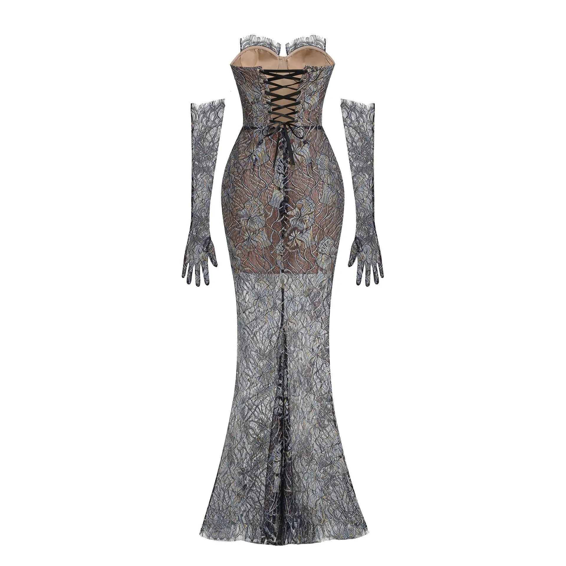 Blue Embroidered Lace Maxi Dress with Gloves