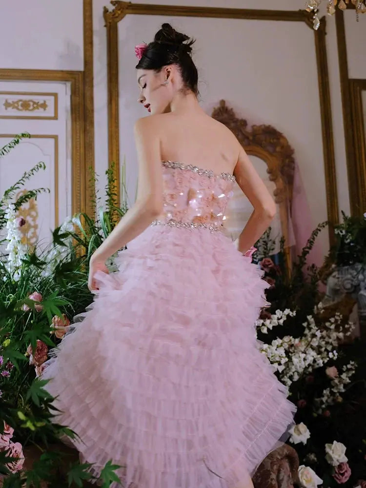 Pink Princess Ruffle Midi Floral Embroidery Dress
