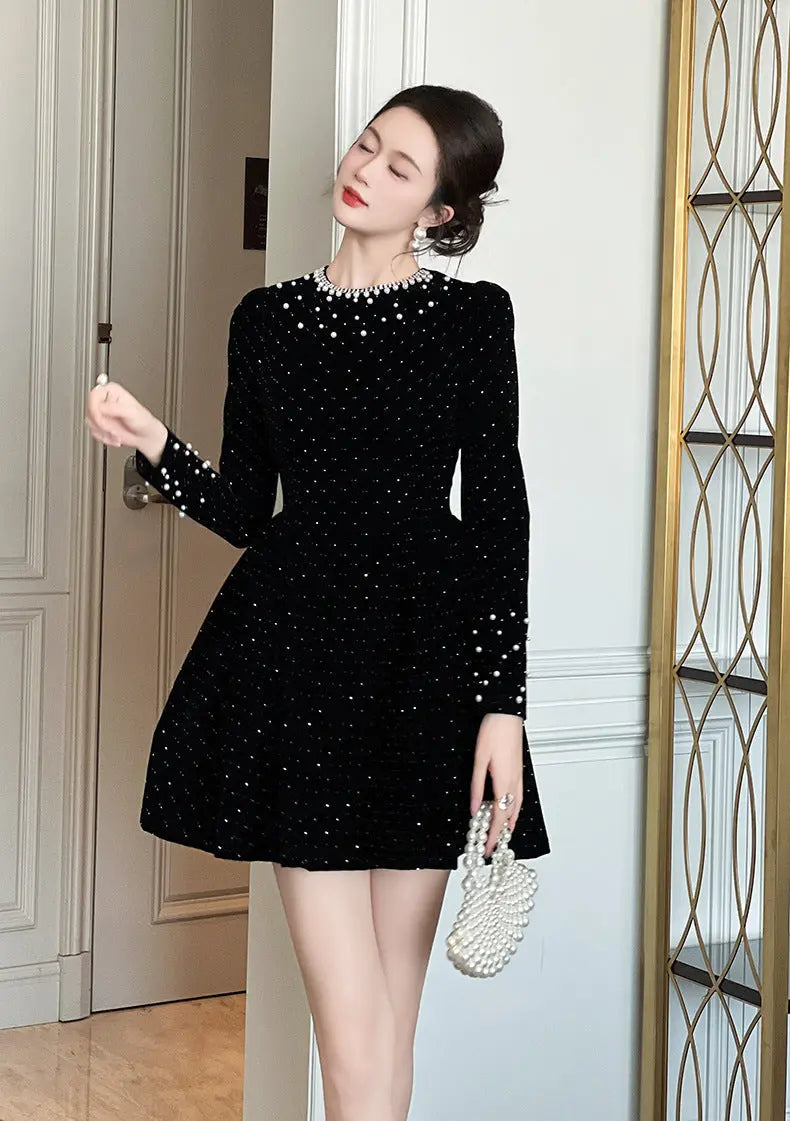 Black Rhinestone-Embellished Mini Dress