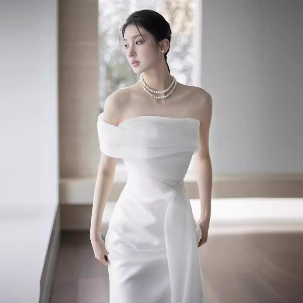 White French-Style one-Shoulder Maxi Dress