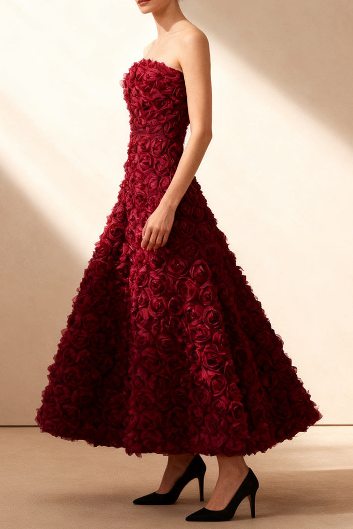 3D Rose Mesh Maxi Dress in Wine Red
