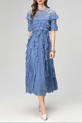 Lace Ruffle Trim Midi Dress in Blue
