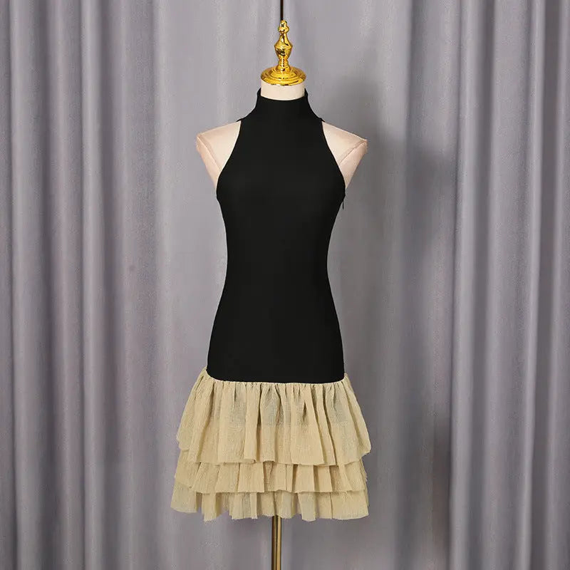 Black Ruched Trim Sleeveless Puffy Mini Dress