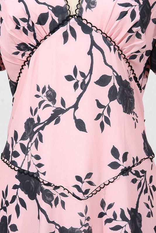 V-Neck Satin Floral Midi Dress in Pink