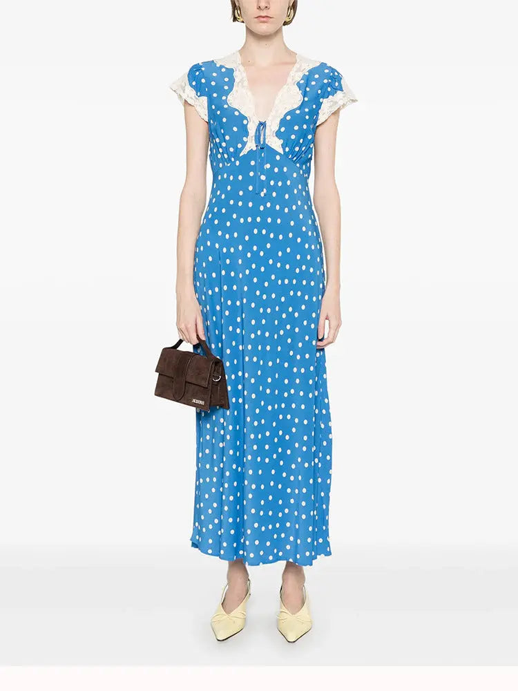 Lace-Trimmed V-Neck Maxi Dress in Blue