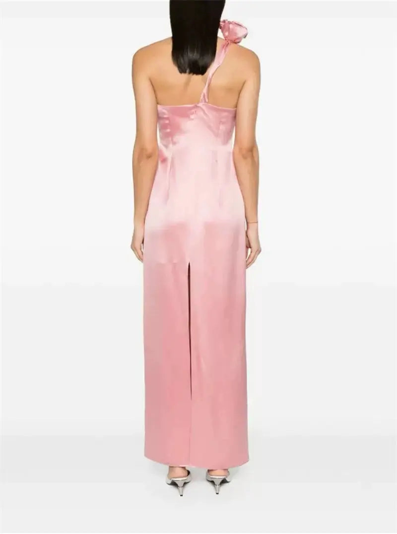 One-Shoulder 3D Flower Satin Maxi Dress in Pink