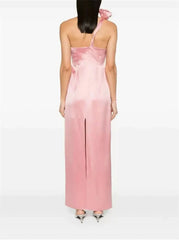 One-Shoulder 3D Flower Satin Maxi Dress in Pink