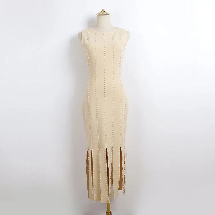 Fringed Knit Maxi Dress in Ecru