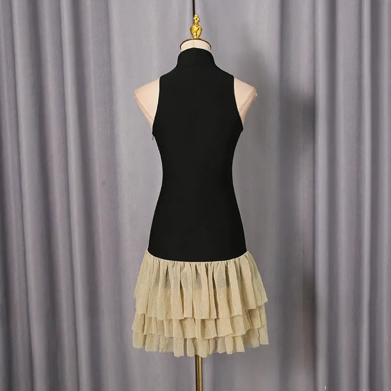 Black Ruched Trim Sleeveless Puffy Mini Dress
