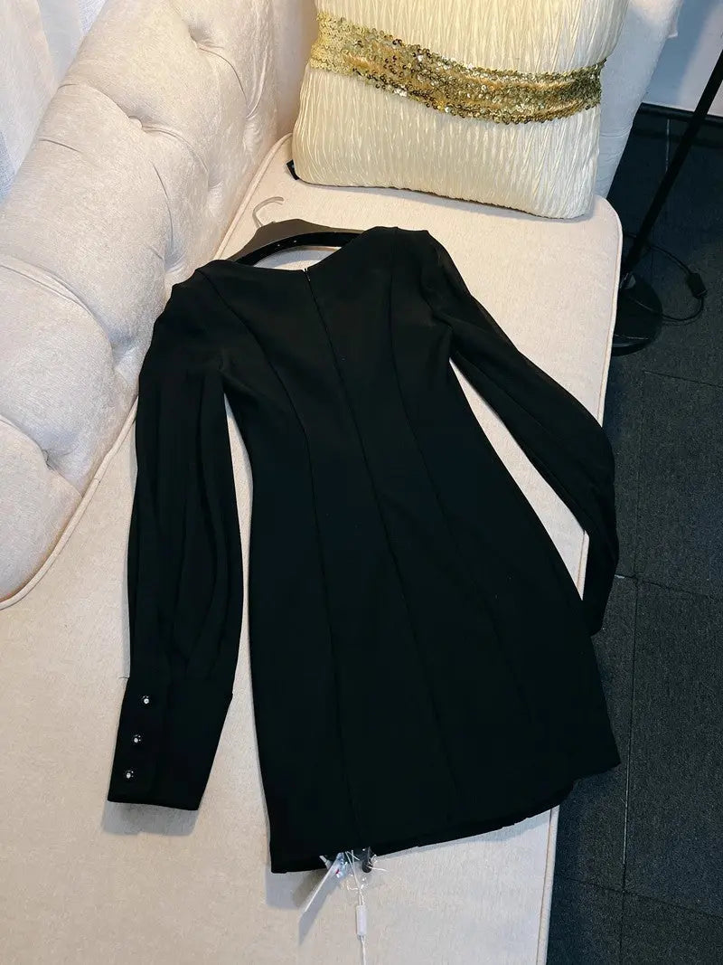 Cinched Waist Square Neck Long Sleeve Mini Dress in black