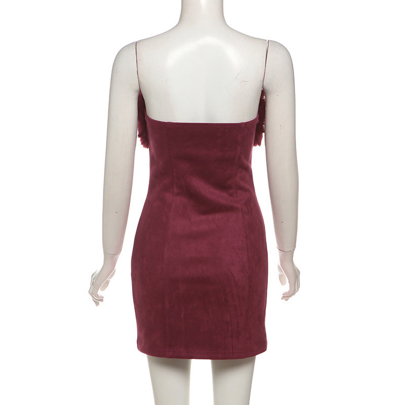 Fur Trim Bandage Mini Dress in Burgundy