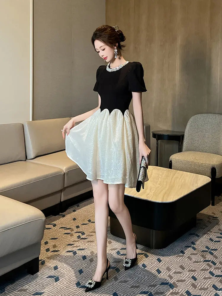 Black-White Rhinestone Neck Sequin Mini Dress