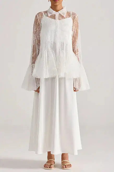White Lace Bell-Sleeve Ruffle Embroidered Top Maxi Skirt Set