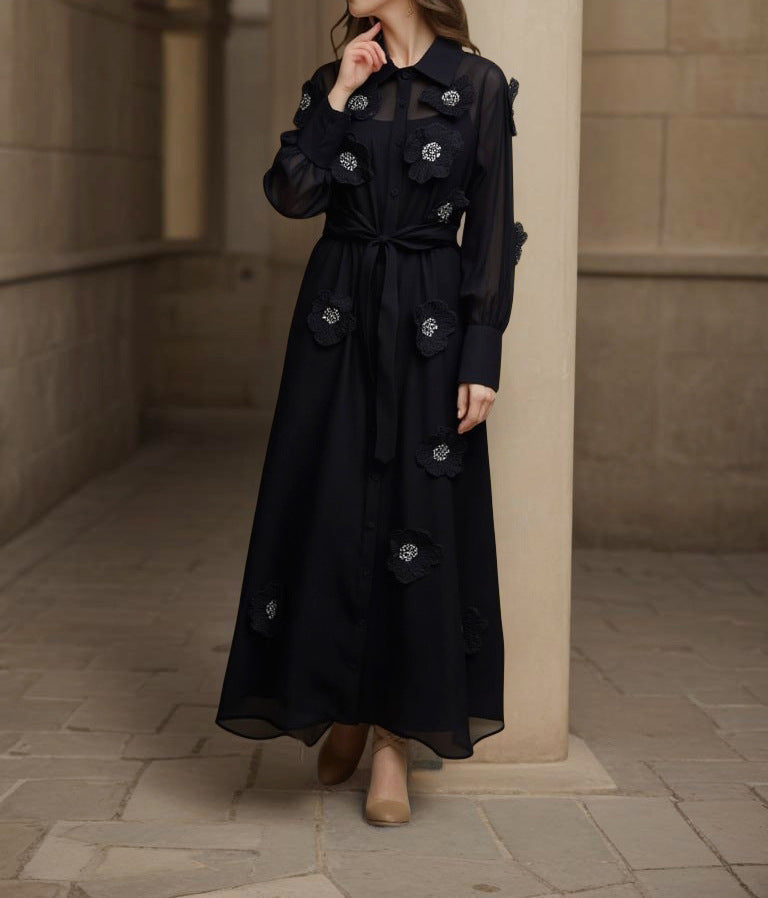 Floral Shirt Midi Dress in Black