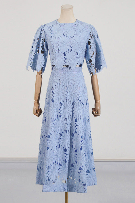 Lace Embroidered Top & Maxi Skirt Two-Piece Set in Blue