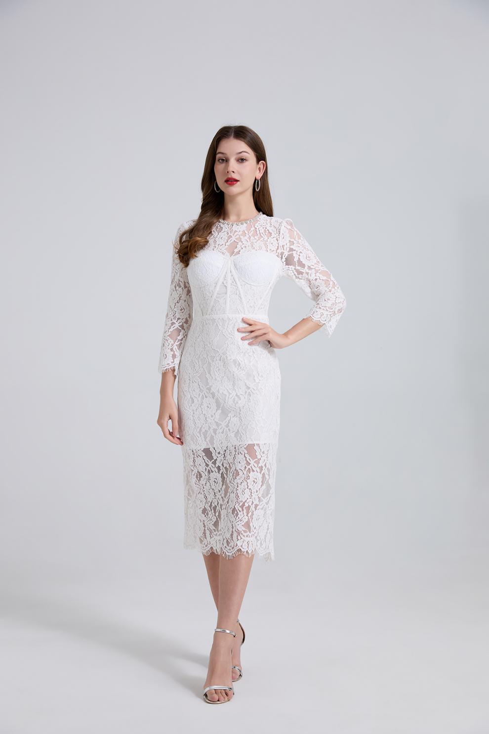 Rhinestone Fishbone Lace Midi Dress in White