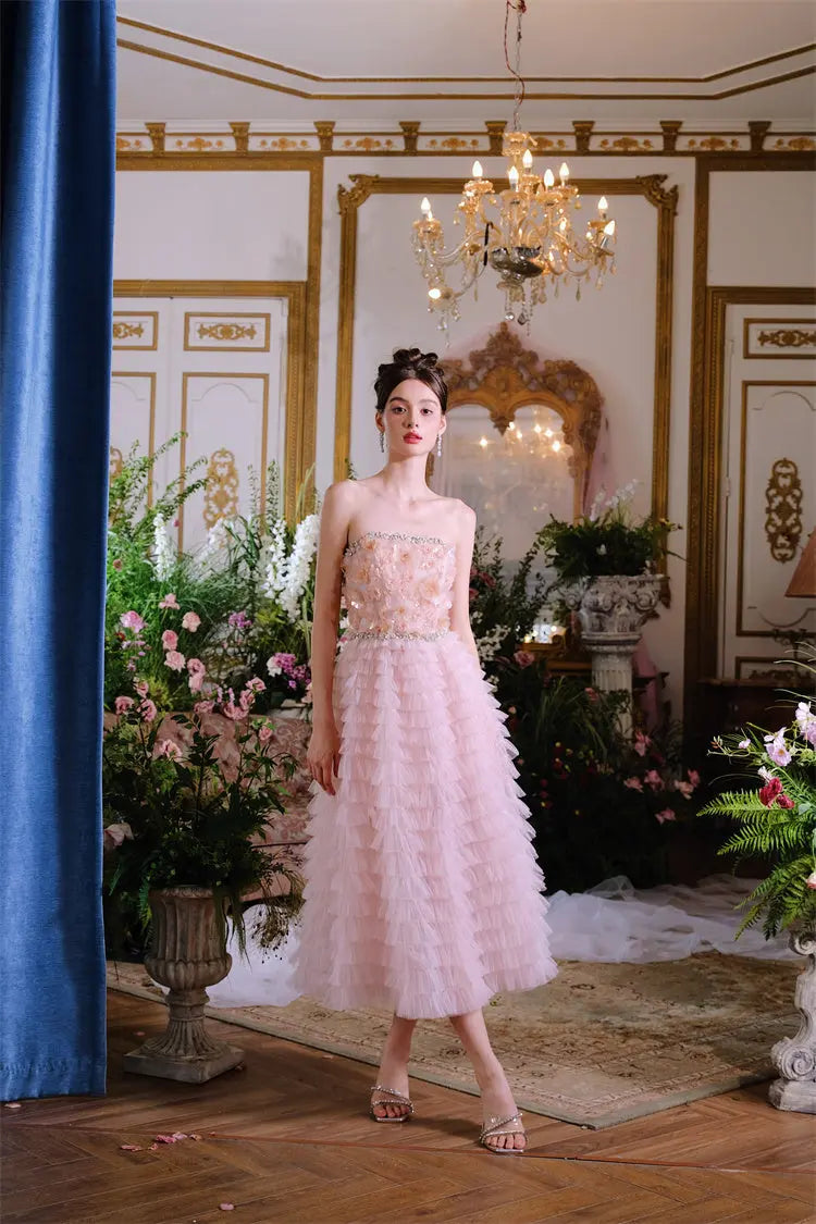 Pink Princess Ruffle Midi Floral Embroidery Dress