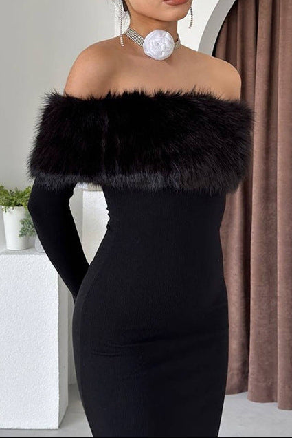 Furry Embellished Bodycon Midi Dress in Black